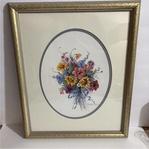 VTG Barbara Mock Floral Gold Framed Flower Bouquet Print Sunflowers Poppies